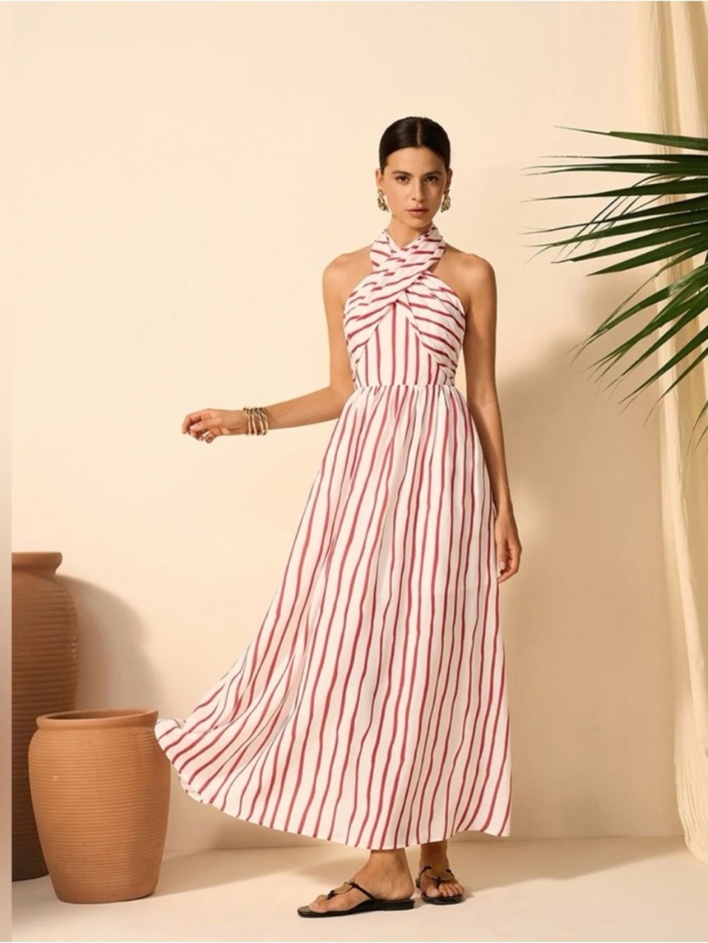Commense White and Red Stripe Halter Maxi Dress